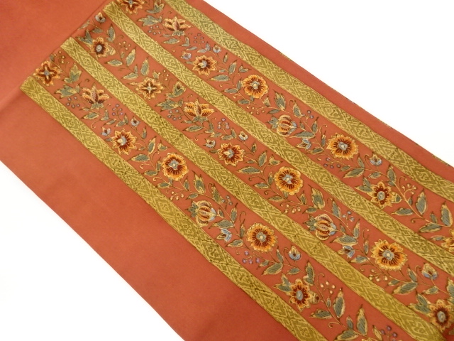 塩瀬金彩花唐草に縞模様名古屋帯